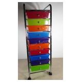 Ten poly drawer organizer on wheels, 13 x 16 x 38