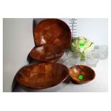 Four wooden bowls, Glass butter dish, sugar bowl,