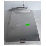 An aluminum clipboard with various Office items
