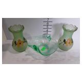 Green glass hand painted vases and candy dish