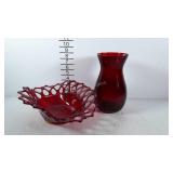 Red glass, Westmoreland open lace bowl and vase