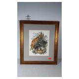 Fox family print, framed and matted, frame has