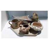 5 Pottery planters,  Toads, watering can