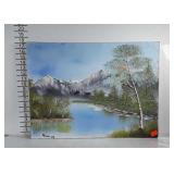 Painting on canvas of lake/mountain scene signed
