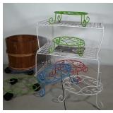 Stacking shelves, wooden bucket & 7 plant stands