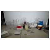 Lot of glass vases, thermos, Redskins planter,