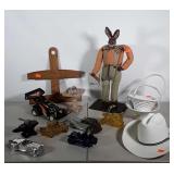 Avon bottles, glass baskets, hat, rabbit, stone