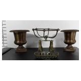 Brass homegoods lot: 2 vases and a soap/cloth