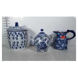 Blue and white ceramic pieces: Canister, teapot &