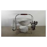 Salad serving set, six bowls with utensil, oil &