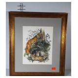 Fox family print, framed and matted, frame has