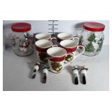 Christmas items- 5 coffee cups, two glass