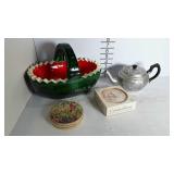 Ceramic Watermelon basket, tea pot and seven