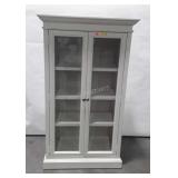 Glass front storage cabinet, with wood shelves,