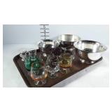 Glass and silver, three silverplated bowls,