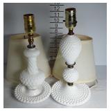 Two milk glass hobnails lamps with shades