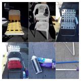 Outdoor lot, includes lawn chairs, and two mops