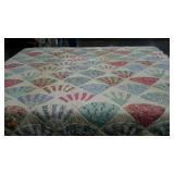 Quilt, Fan Pattern, 83x83", has stain use wear