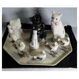 Ceramic cat and bird figurines