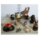 Various figurines- Wooden antelope, black cat,