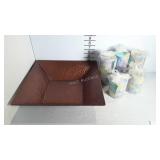5 Candles and decorative copper tone tin tray
