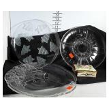 Three glass service plates and Hand decorated