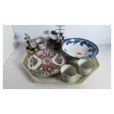 Oriental style lot of plate, bowl, tea cups, and