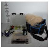 Fishing lot: weighted net, Coleman cooler, lures,