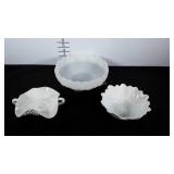 Milkglass, Fenton hobnail handled ruffle bowl,
