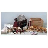 Home goods lot: baskets, wooden hangers, wooden