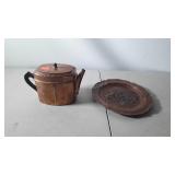 Copper tea pot, and decor plate with deer scene