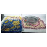 Home decor, three pieces of fabric, and pan