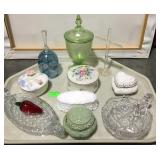 Glassware, cross, urn dish, trinket boxes, some