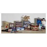 Metal tins, snowmen decor, Avon carolers  and