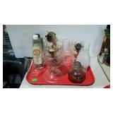 Oil lamp lot with four bases, three shades, and