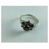 .925 Sterling Red Stone Ring Floral Design Size
