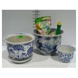 3 Planters, blue & white with some plant care