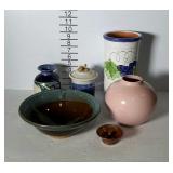 Pottery - wine chiller, bowl, vases, covered jar,