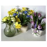 3 Artificial arrangements in blown glass pitcher,