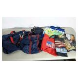 Assorted tote bags for travel and shopping.