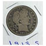 1913 S Barber Half Dollar