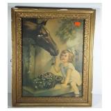 Irene Patten print, small girl and horse, frame