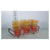 Mid century barware, six tumblers in rack