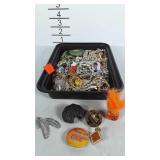 Tray of costume jewelry, includes several lapel