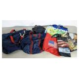 Assorted tote bags for travel and shopping.