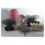 Decor group with accent lamps, large glass vase,