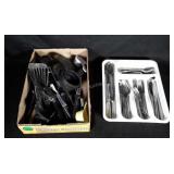 Kitchen utensil lot: flatware in organizer and