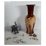Home decor: elephant figurine, vase (chip in