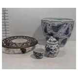 Blue & white planter, brass rolling plant stand,