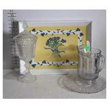 Floral serving tray, glass pitcher, serving dish,